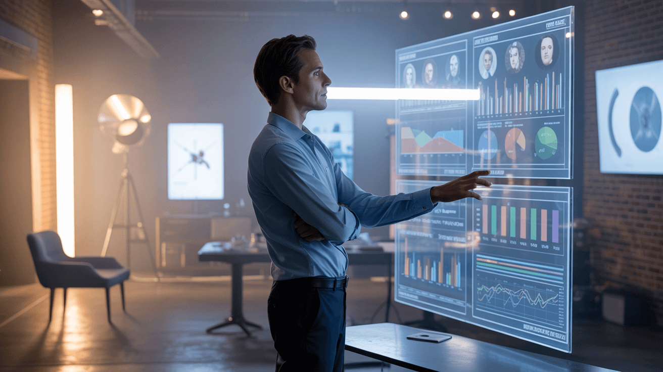Marketero vs Mercadólogo: Diferencias y Claves para Elegir el Correcto en 2025 3 Hombre interactuando con gráficos digitales.