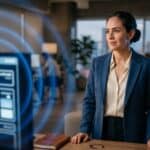 Auditoría de presencia digital: profesional frente a un sitio web que proyecta cuatro halos de luz azul, las 4 dimensiones del Método AURA