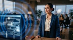 Auditoría de presencia digital: profesional frente a un sitio web que proyecta cuatro halos de luz azul, las 4 dimensiones del Método AURA