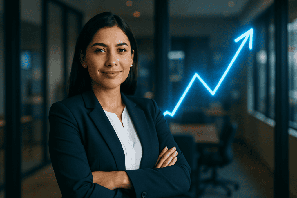Caso de estudio de marketing inmobiliario: asesora del corredor Tijuana-San Diego frente a una gráfica de crecimiento ascendente luminosa