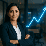 Caso de estudio de marketing inmobiliario: asesora del corredor Tijuana-San Diego frente a una gráfica de crecimiento ascendente luminosa