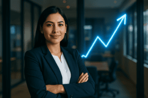 Caso de estudio de marketing inmobiliario: asesora del corredor Tijuana-San Diego frente a una gráfica de crecimiento ascendente luminosa