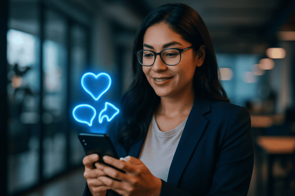 Copywriting persuasivo para redes sociales: estratega de contenido sosteniendo un smartphone del que surgen iconos luminosos de interacción, Método CLAVE