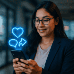 Copywriting persuasivo para redes sociales: estratega de contenido sosteniendo un smartphone del que surgen iconos luminosos de interacción, Método CLAVE