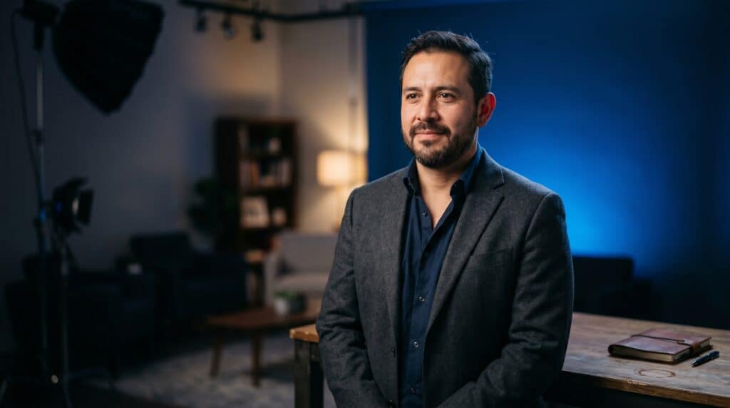 SEO Local Bilingüe Tijuana San Diego: Cómo Aparecer en Google a los Dos Lados de la Frontera (Método LOCAL) 1 SEO local bilingüe Tijuana San Diego: empresario visible entre un plano de luz cálido y uno azul que convergen, un negocio en dos mercados