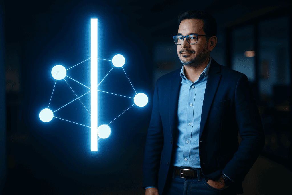 Arquitectura de contenido en clusters: estratega junto a una estructura luminosa con una página pilar central y nodos satélite conectados, Método PILAR