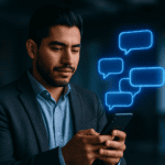 Cómo cerrar leads por WhatsApp: vendedor con smartphone del que surgen burbujas de chat luminosas en secuencia, Método PISA
