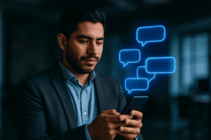 Cómo cerrar leads por WhatsApp: vendedor con smartphone del que surgen burbujas de chat luminosas en secuencia, Método PISA