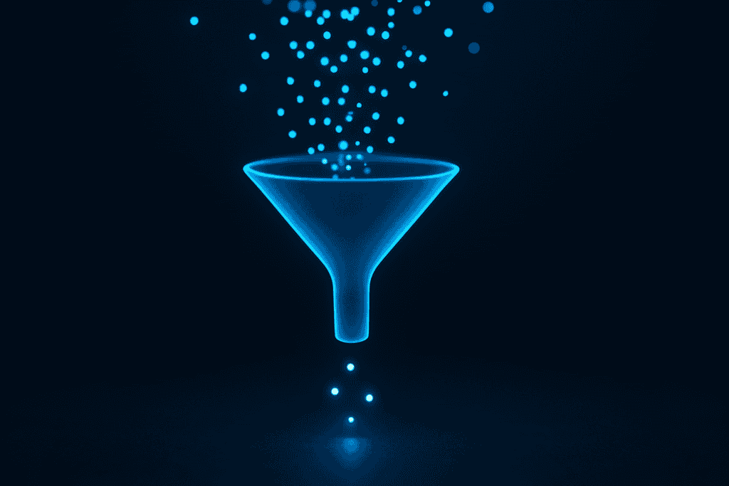 Pregunta calificadora: embudo luminoso azul filtrando prospectos, primera fase del Método PISA para calificar leads por WhatsApp