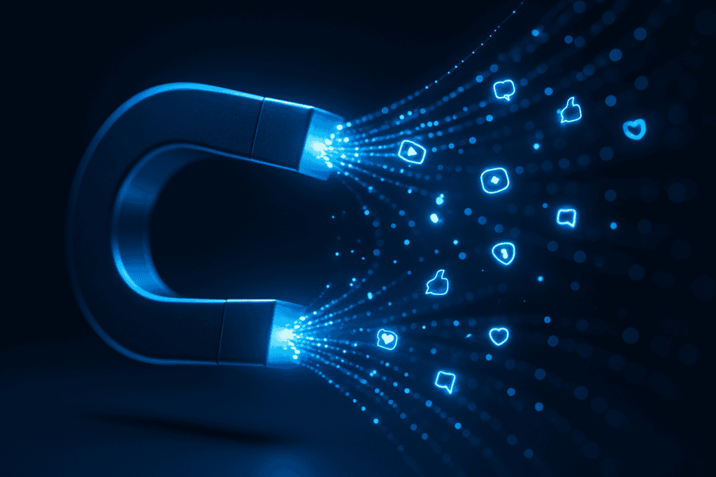 Captura de atención: imán luminoso azul atrayendo partículas e iconos de interacción, primera fase del Método CLAVE