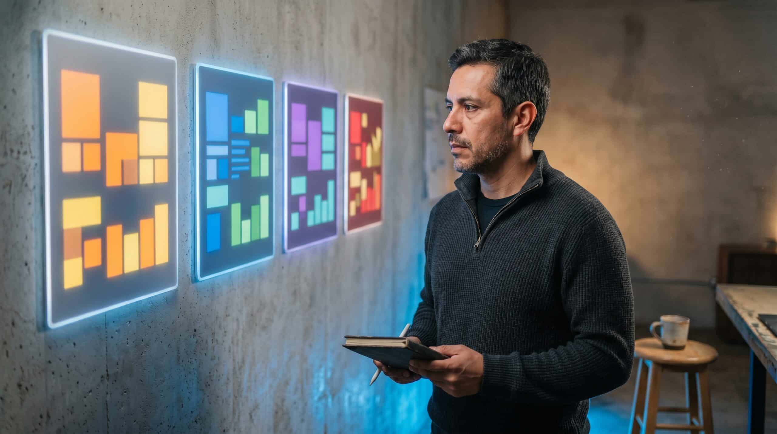 Consultor revisando cuatro paneles abstractos, una por cada dimensión del Método AURA: arquitectura, ubicación, reputación y answer-ready