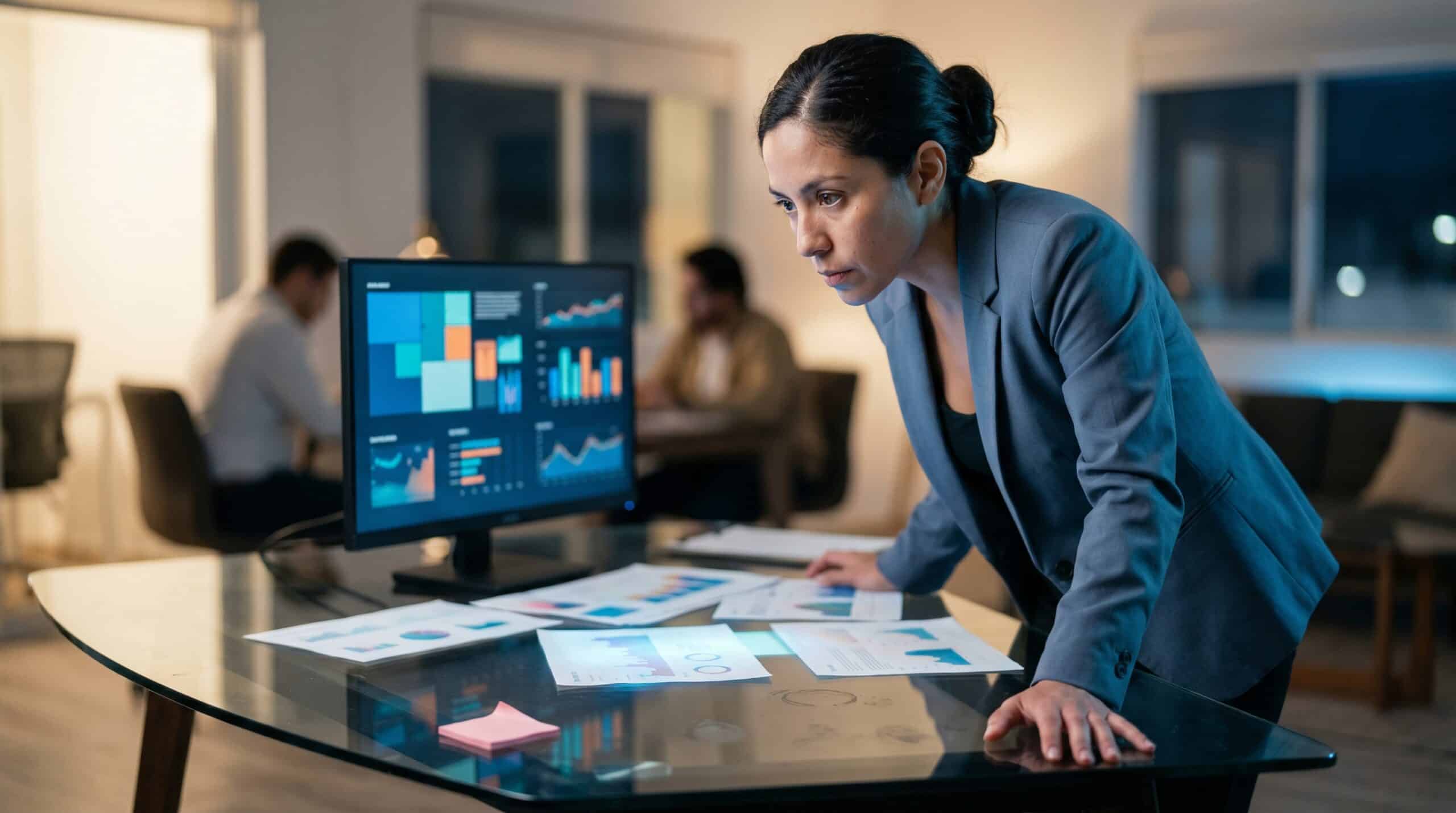 Consultoría en IA para Marketing en México: Lo que Realmente Cambia en 90 Días 1 Consultora analizando dashboards de un CRM centralizado durante el diagnóstico del Mes 1 de la consultoría de IA en marketing