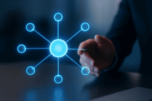 Diagrama de cluster de contenido: nodo central (página pilar) conectado a seis nodos satélite mediante líneas de luz azul