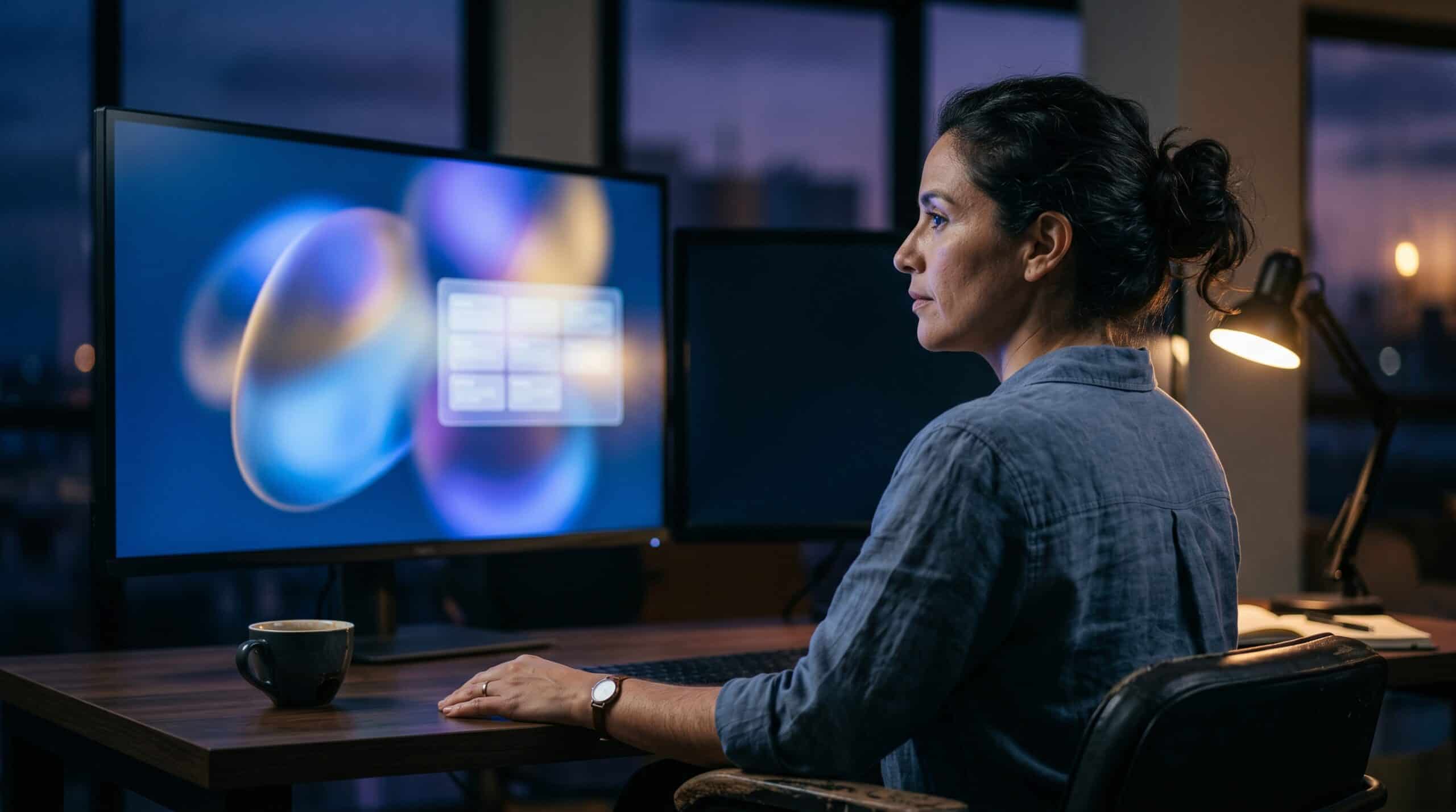 Contraste entre un sitio citado por la IA y uno invisible: pantalla con respuesta generativa abstracta y un segundo monitor apagado