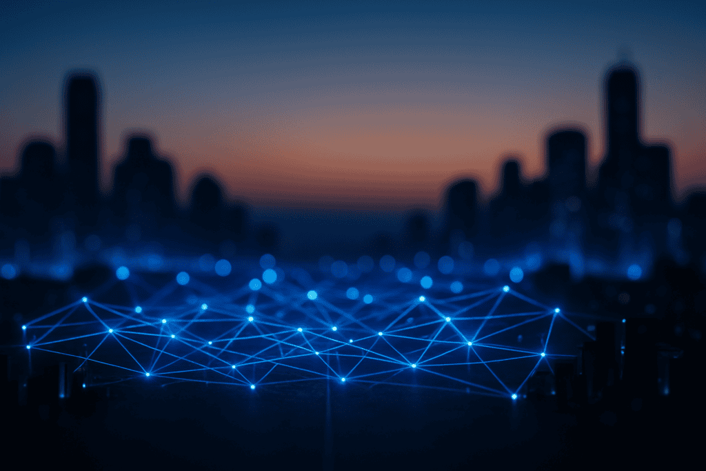 Cluster de contenido cross-border: dos ciudades fronterizas Tijuana y San Diego conectadas por una red de nodos luminosos