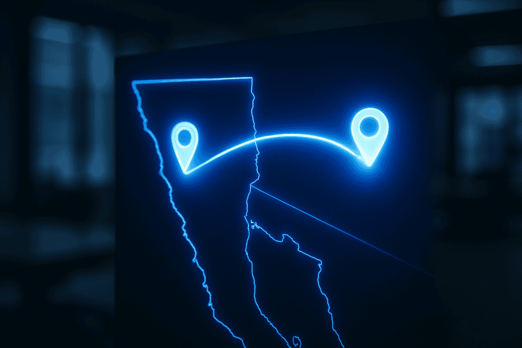 Marketing cross-border Tijuana-San Diego: mapa luminoso de la región fronteriza con dos ubicaciones conectadas, Método LOCAL