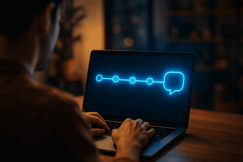 Estructura de un post persuasivo: laptop mostrando una secuencia de cinco nodos conectados hacia un globo de diálogo, fases del Método CLAVE