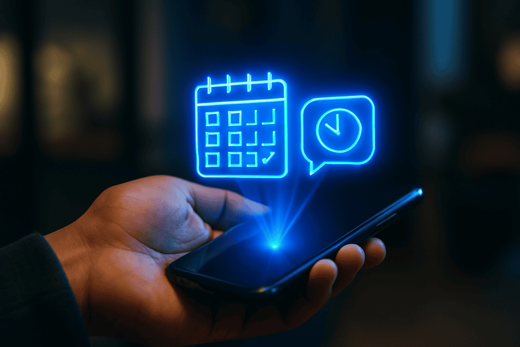 Seguimiento y acción agendada: smartphone proyectando un calendario y un reloj luminosos junto a una burbuja de chat, fases finales del Método PISA