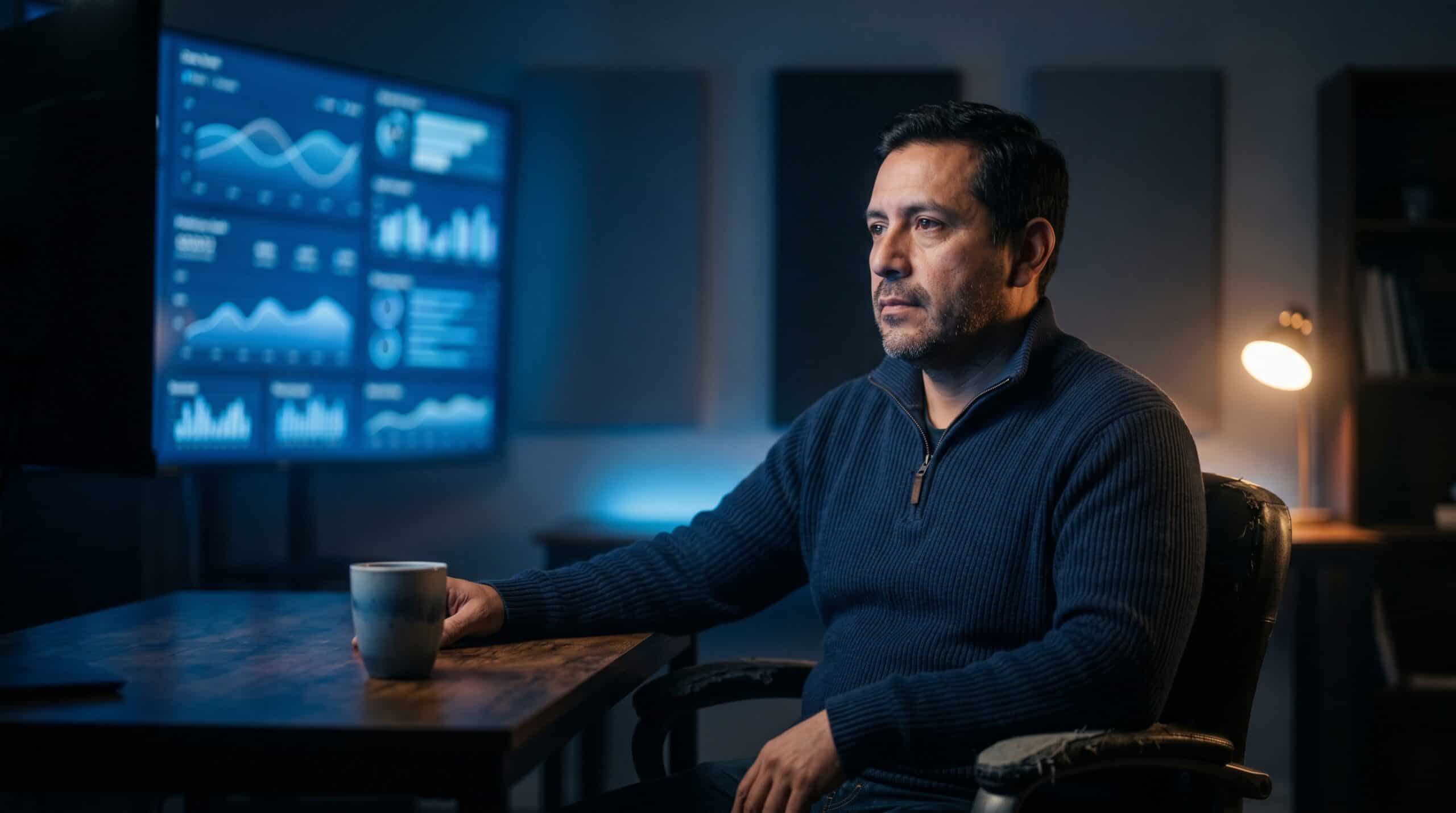 Consultoría en IA para Marketing en México: Lo que Realmente Cambia en 90 Días 3 Líder de operaciones revisando paneles predictivos y chatbots de IA por la noche en el Mes 3, autonomía operativa