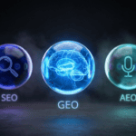 Tres esferas luminosas representando SEO, GEO y AEO flotando en espacio oscuro con paleta azul marino y turquesa