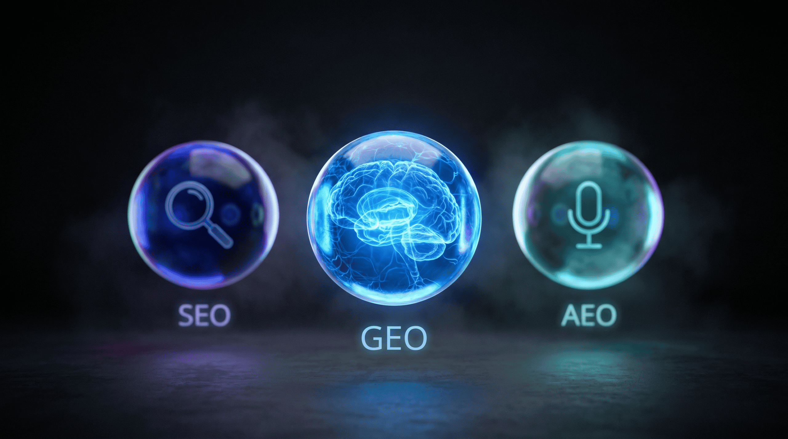 Diferencias entre SEO GEO y AEO – cover Tres esferas luminosas representando SEO, GEO y AEO flotando en espacio oscuro con paleta azul marino y turquesa