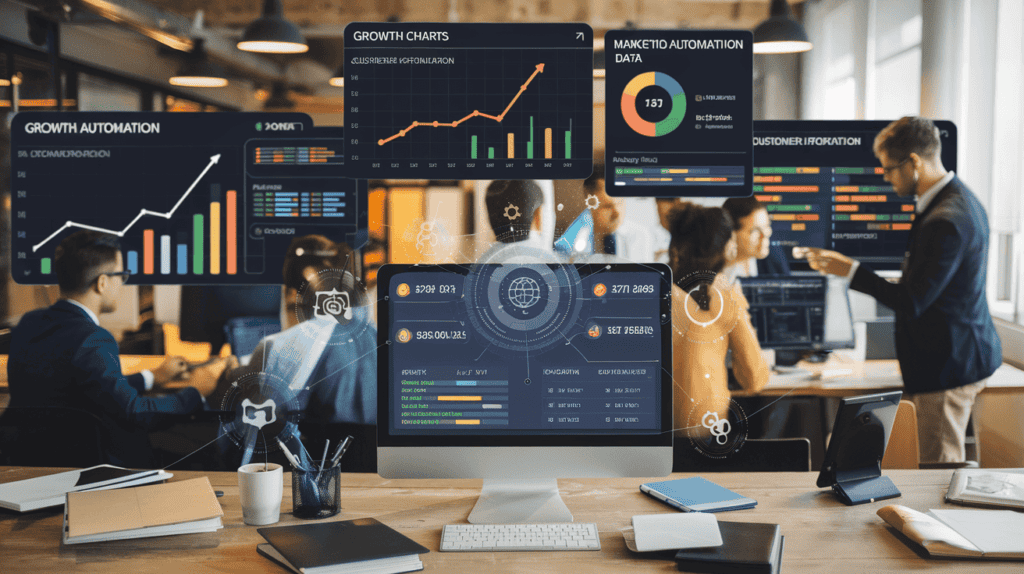 Automatización de marketing 2026 visualizada en un flujo de trabajo en pantalla