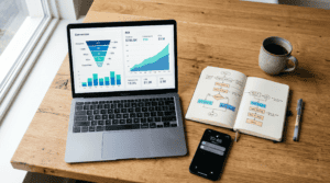 Automatización de marketing: tablero de ROI y flujo de conversión en un escritorio de operaciones