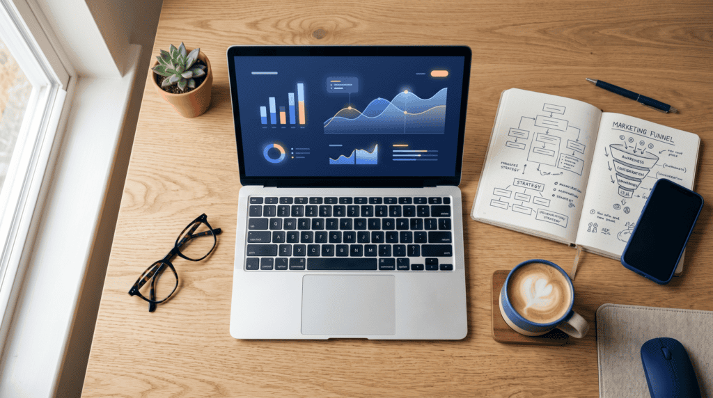 ChatGPT en marketing digital aplicado a flujos de trabajo en un escritorio profesional
