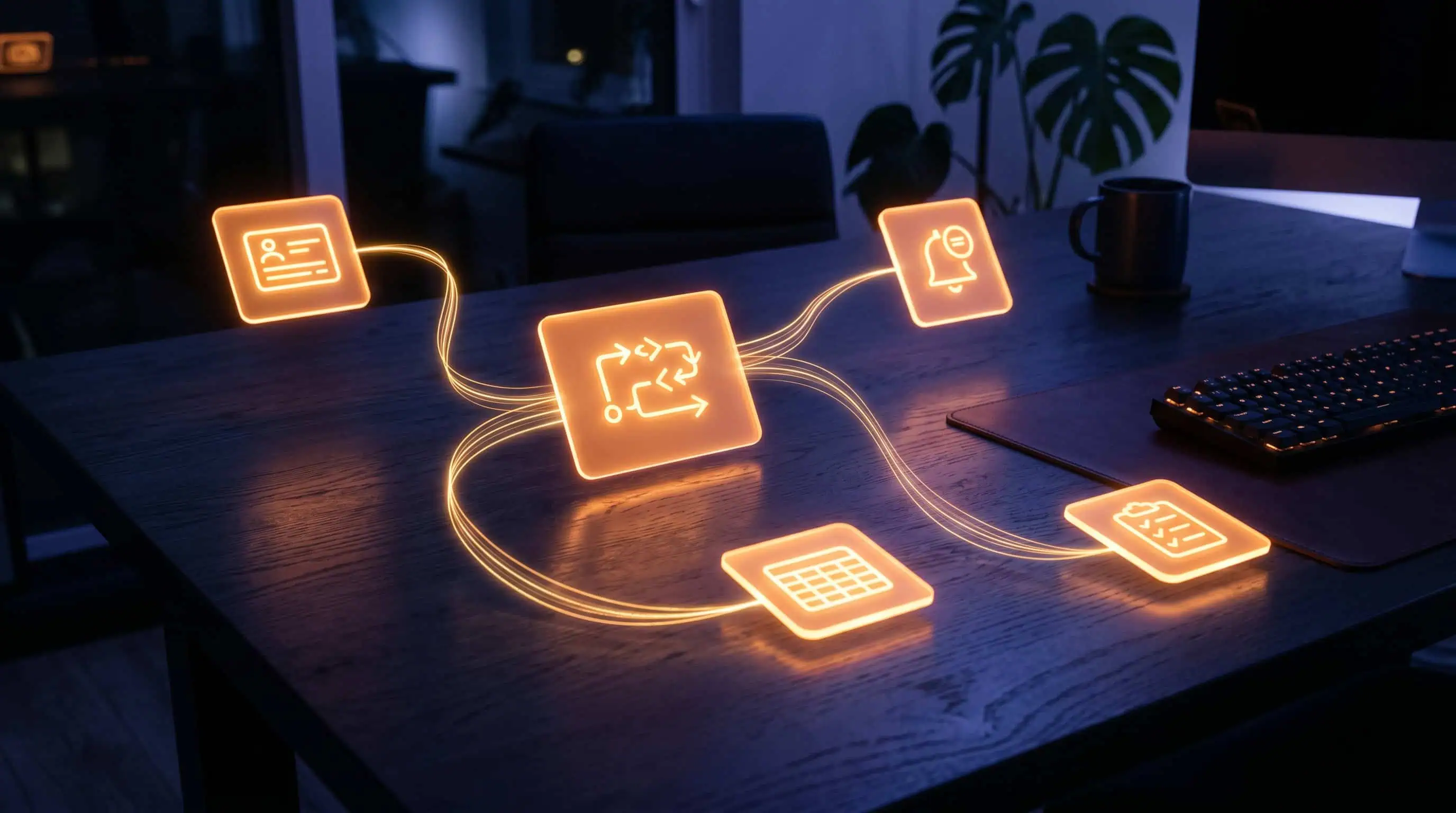 Hackeando el Reloj: Las Mejores Aplicaciones de Inteligencia Artificial para Productividad Personal (Análisis 2026) 2 Diagrama visual de automatización no-code conectando varias aplicaciones de productividad