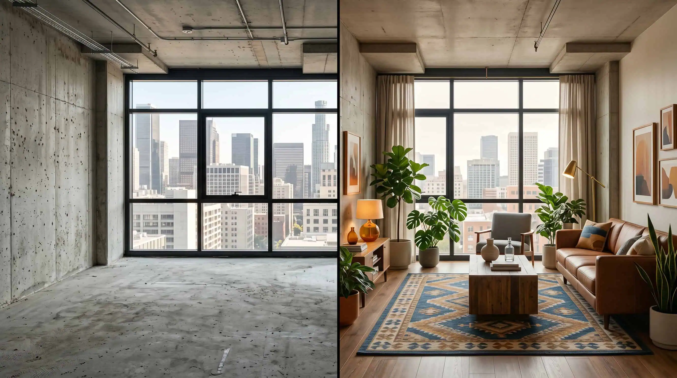 El Fin de la Intuición: Cómo la Inteligencia Artificial en Bienes Raíces está Redefiniendo el Mercado Inmobiliario 1 Comparación de staging virtual con IA: departamento vacío en obra gris frente al mismo espacio amueblado digitalmente