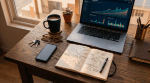 Escritorio de estratega SEO analizando un perfil de enlaces para estrategias SEO fuera del sitio