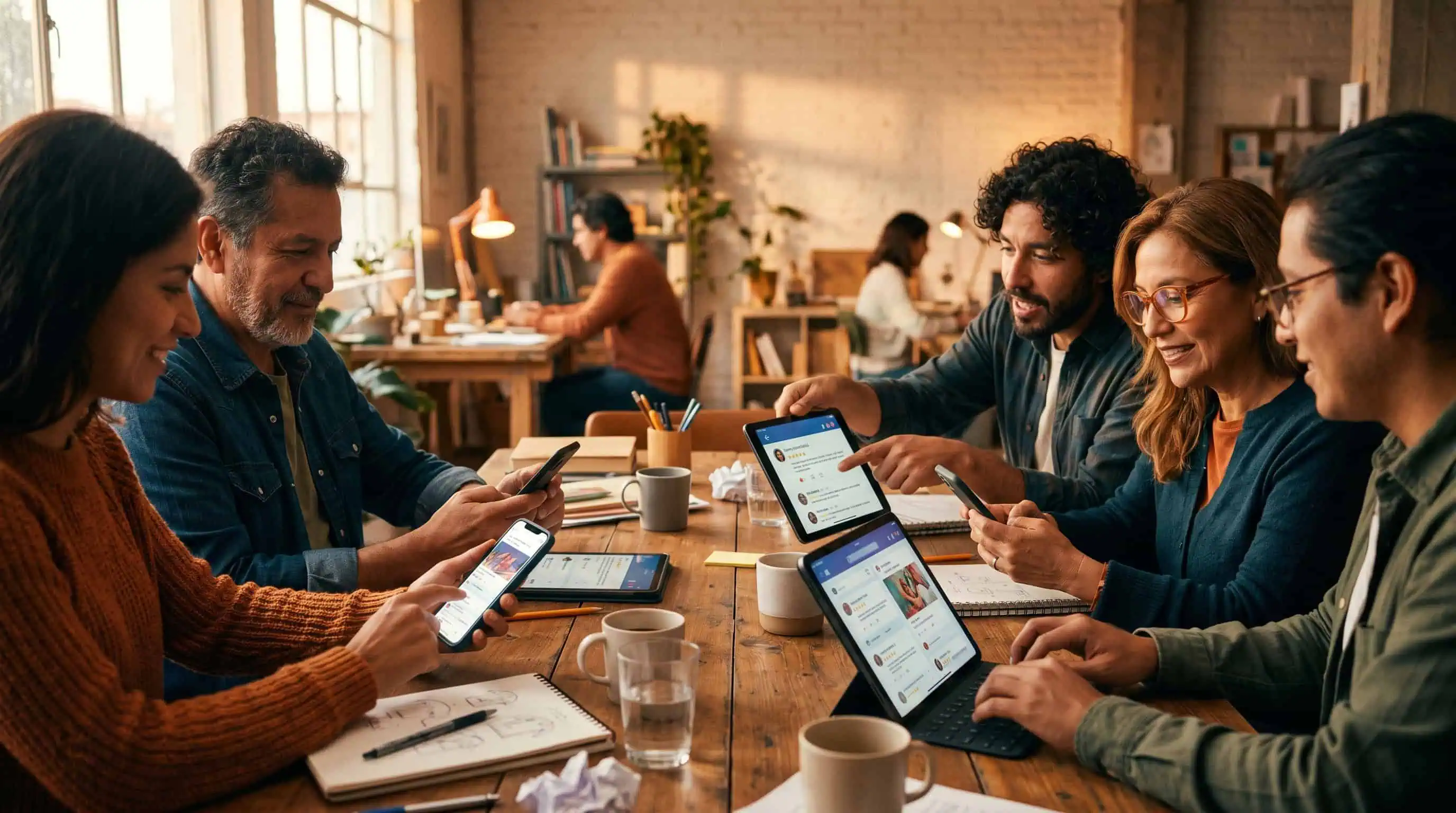 Cómo la Cultura Geek Está Transformando las Estrategias de Marketing en 2024 1 Comunidad geek generando contenido de usuario alrededor de una mesa colaborativa