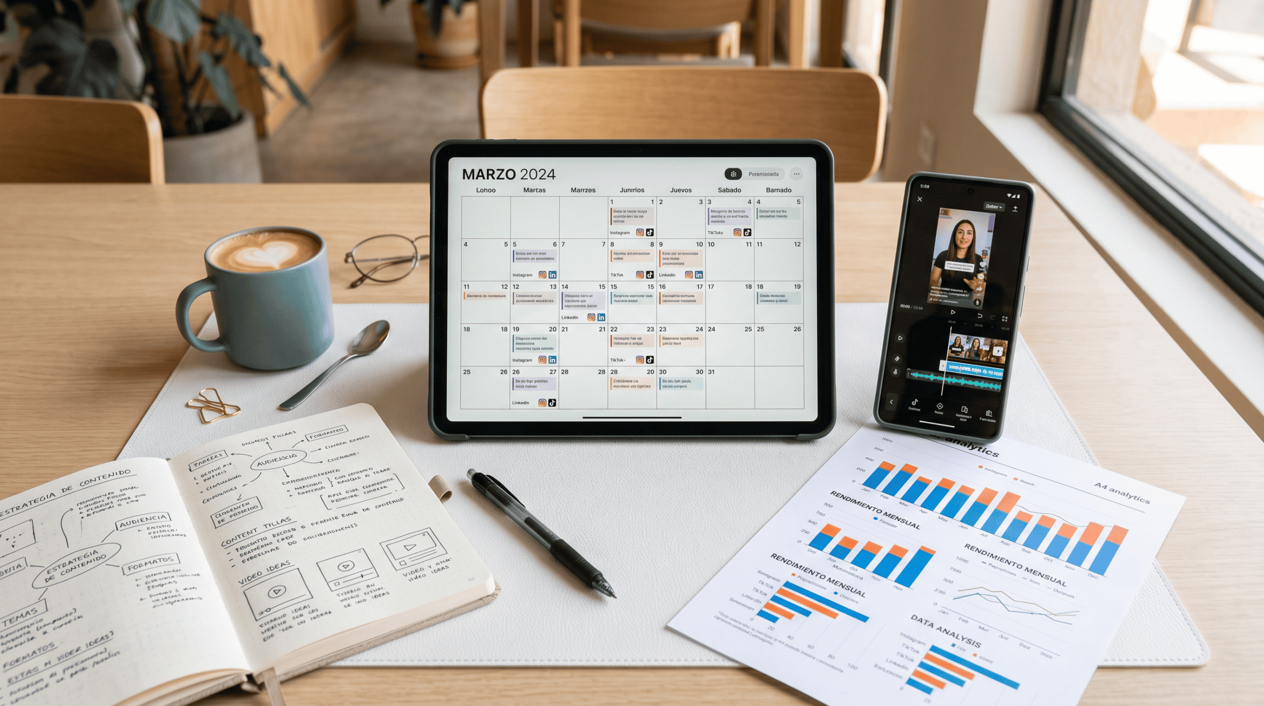 Escritorio de estrategia de marketing en redes sociales con calendario de contenido y métricas