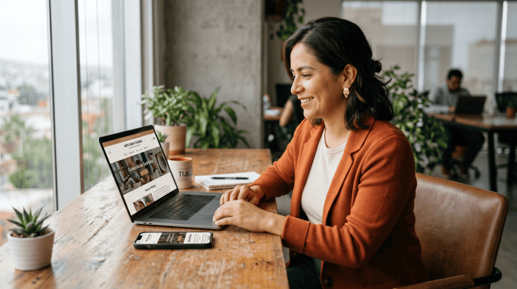 Dueño de negocio mexicano revisando su nueva página web en laptop y celular