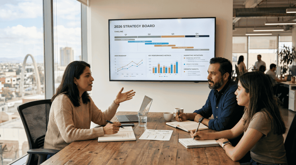 Equipo definiendo estrategias de marketing digital 2026 frente a un tablero de métricas