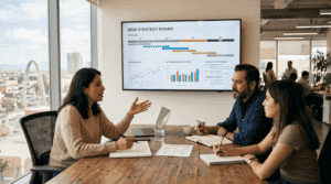 Equipo definiendo estrategias de marketing digital 2026 frente a un tablero de métricas
