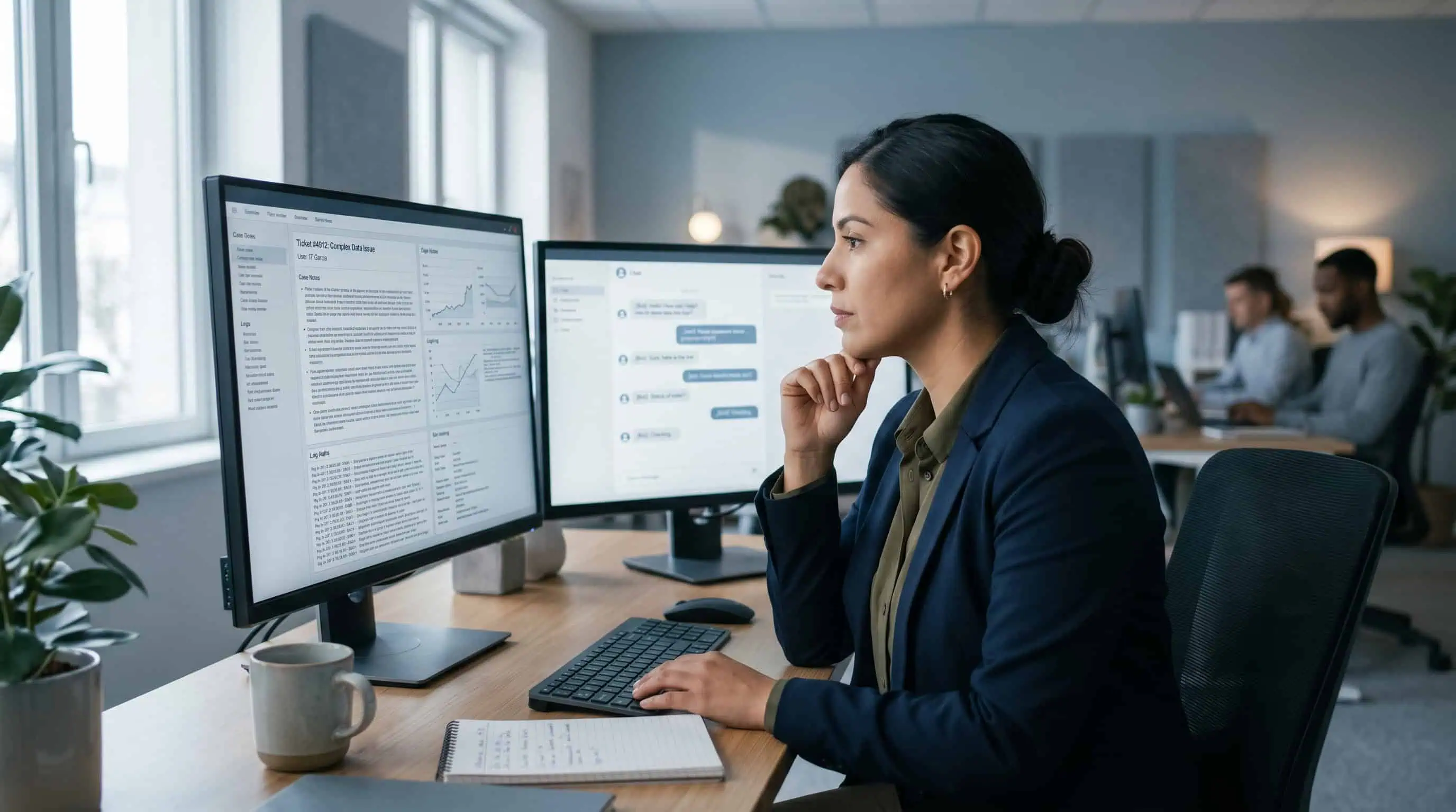 Equipo de atención al cliente trabajando junto a un chat con inteligencia artificial