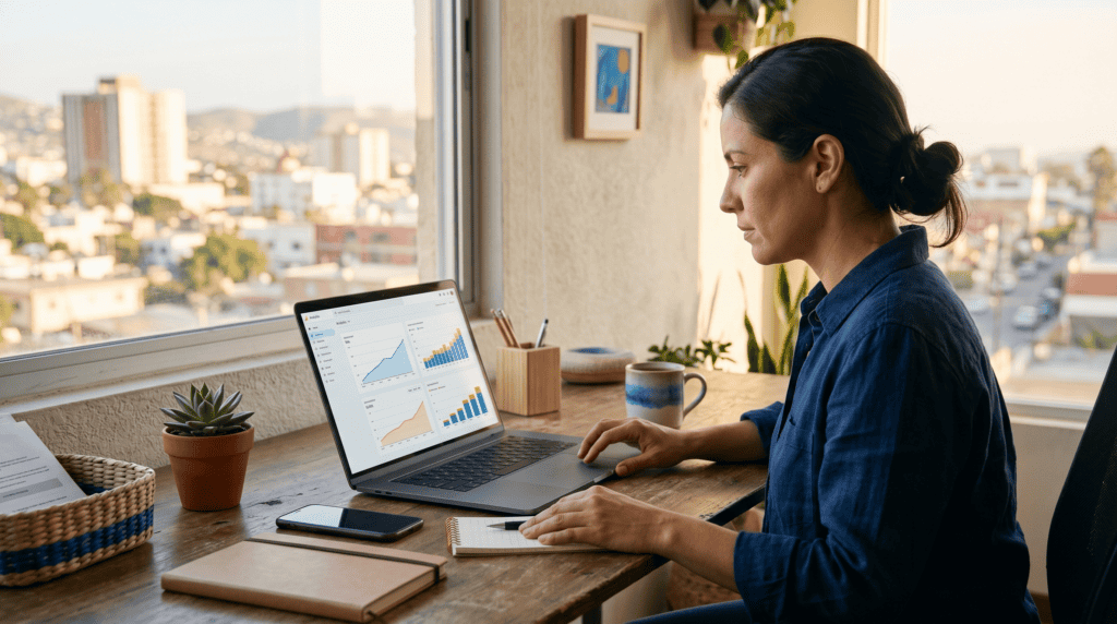 Dueno de negocio revisando metricas de posicionamiento SEO en una laptop