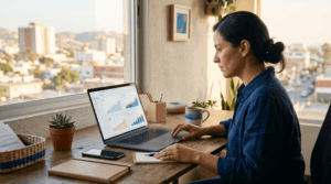 Dueno de negocio revisando metricas de posicionamiento SEO en una laptop