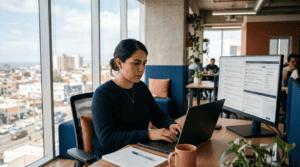 Profesional aplicando marketing en foros y comunidades online desde una oficina en Tijuana