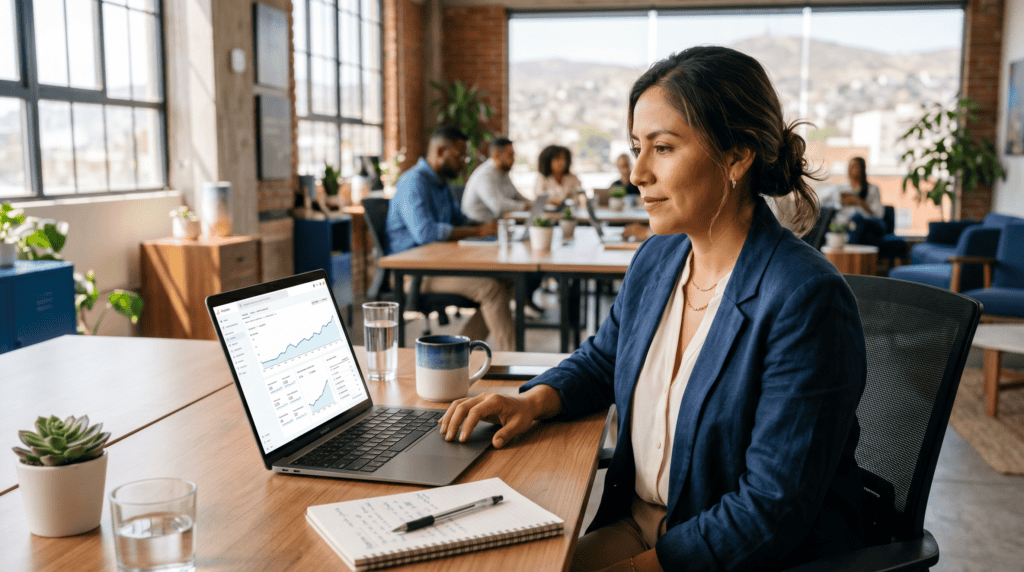 Dueño de PyME mexicana revisando métricas de SEO en una laptop en 2026