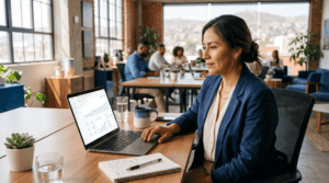 Dueño de PyME mexicana revisando métricas de SEO en una laptop en 2026