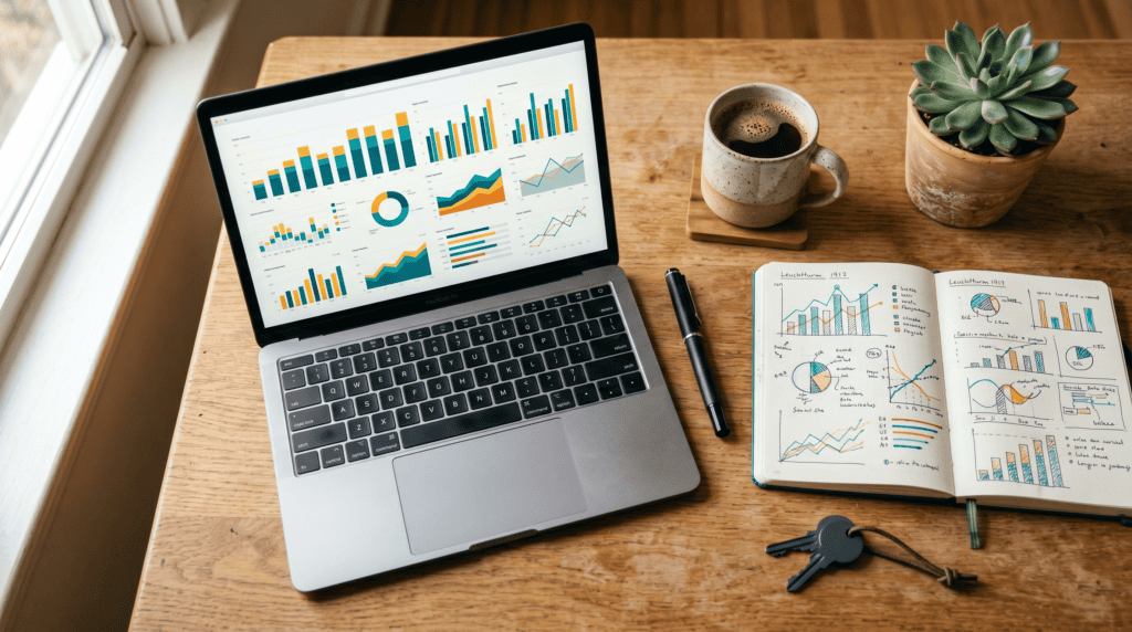 Escritorio de analista con tablero de herramientas de análisis de datos para marketing