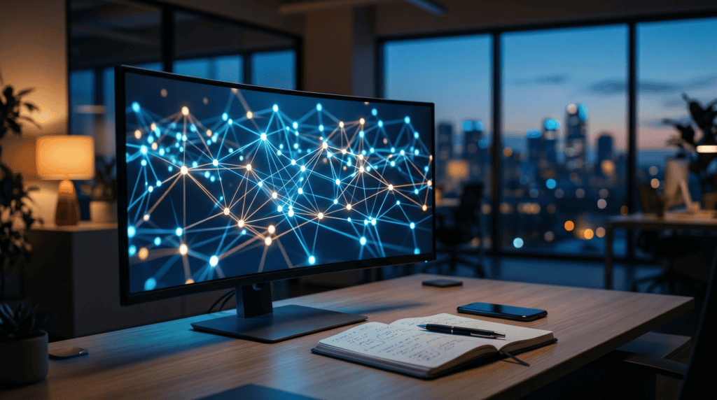 Inteligencia artificial y marketing: panel de automatización de campañas en un escritorio moderno