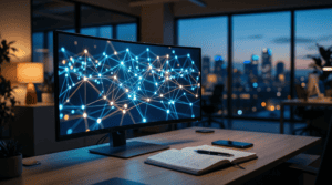 Inteligencia artificial y marketing: panel de automatización de campañas en un escritorio moderno