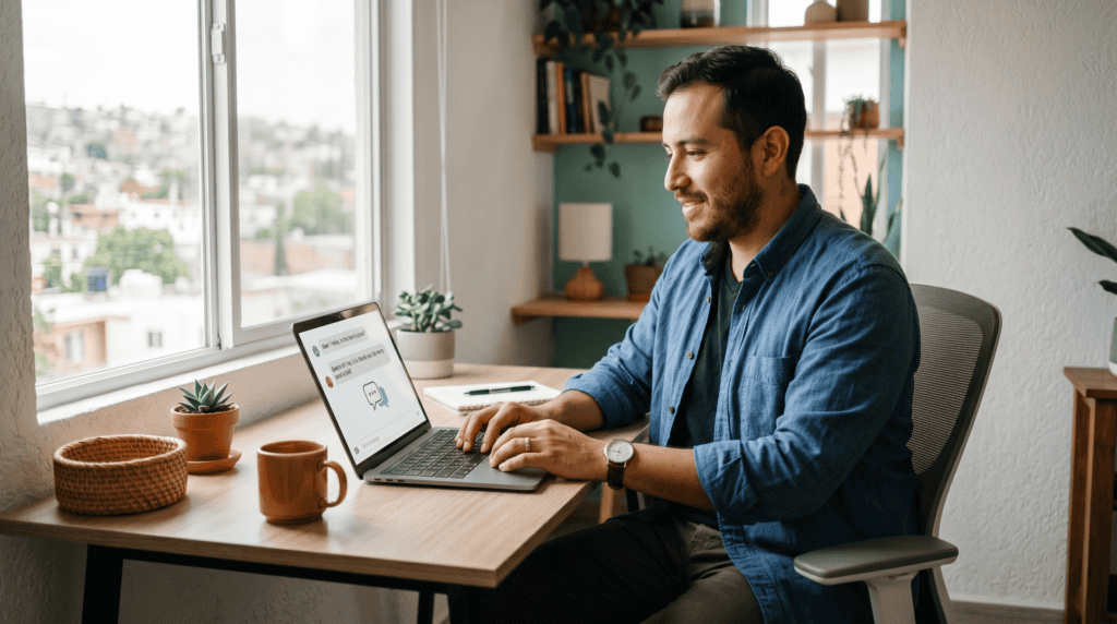 Dueño de e-commerce atendiendo clientes con un chatbot con inteligencia artificial en su laptop