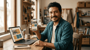 Dueño de negocio revisando su sitio web con diseño responsivo en el celular