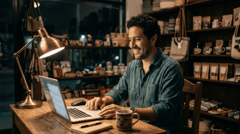Dueño de negocio atendiendo una venta nocturna mediante un chatbot en su e-commerce