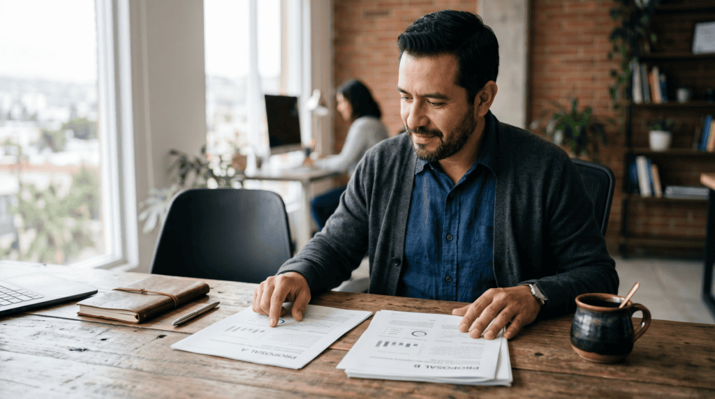 Empresario mexicano comparando propuestas para elegir agencia de marketing digital