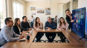 Capacitación de equipo inmobiliario en IA: sesión de entrenamiento con agentes mexicanos en oficina inmobiliaria de Tijuana
